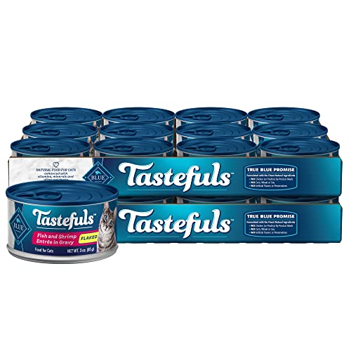 Blue Buffalo Tastefuls Natural Flaked Wet Cat Food, Fish & Shrimp Entrée in Gravy 3-oz cans (Pack of 24)