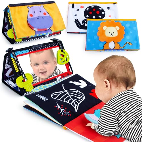 teytoy Tummy Time Mirror Infant Toys 0-3 Months Brain Developmental Baby Mirror Tummy Time Toys with Cloth Book&Teethers,High Contrast Black and White Baby Toys 4 6 9 12 Month Toy