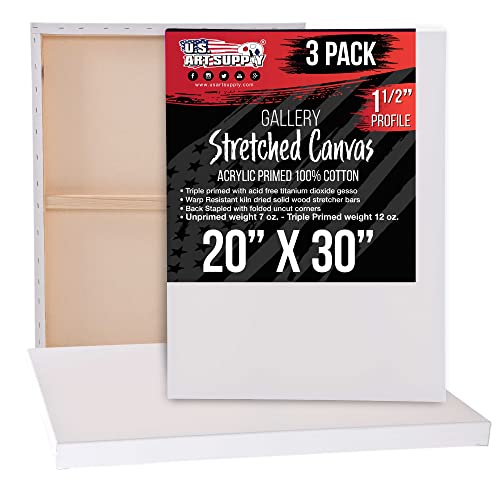 U.S. Art Supply 20 x 30 inch Gallery Depth 1-1_2" Profile Stretched Canvas, 3-Pack - 12-Ounce Acrylic Gesso Triple Primed, Professional Artist Quality, 100zz Cotton - Acrylic Pouring, Oil Painting