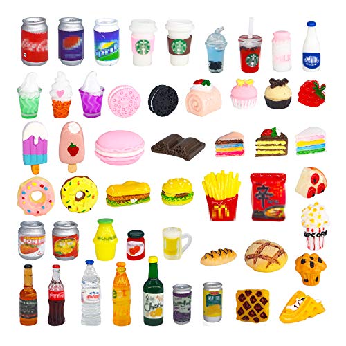 50 Pcs Miniature Food Drink Bottles Soda Pop Cans Pretend Play Kitchen Game Party Accessories Toys Hamburg Cake Ice Cream for 1_12 Doll House (25Food+25Drink)