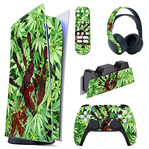 PlayVital Blood Handprint Weeds Full Set Skin Decal for ps5 Console Digital Edition, Sticker Vinyl Decal Cover for ps5 Controller & Charging Station & Headset & Media Remote