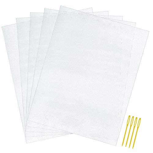 Pllieay 5 Pieces 7 Count Plastic Mesh Canvas Sheets for Embroidery, Acrylic Yarn Crafting, Knit and Crochet Projects, Make Aquarium Dividers(10.2 x 13.2 inch, Come with 4 Pieces Weaving Needles)