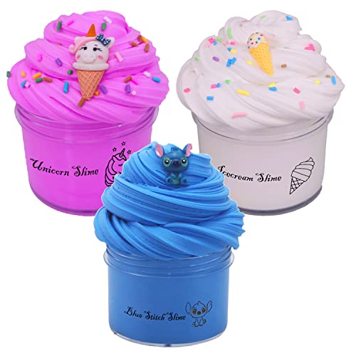 Sunool 3 Pack Butter Slime, Blue Stitch, Rose Unicron, White Icecream Slime Putty Stress Relief and Scented Sludge Toy for Boys and Girls