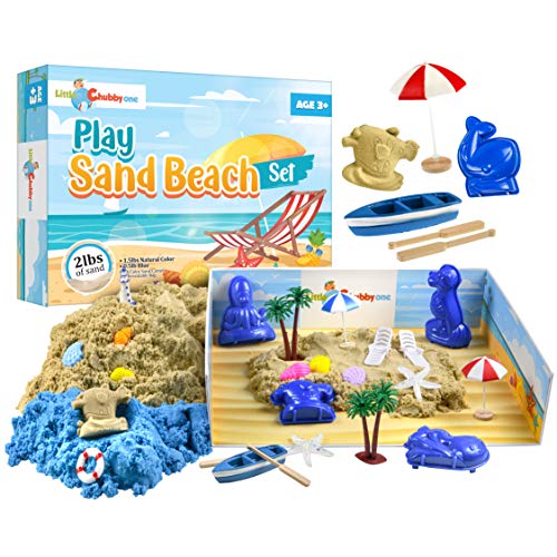 LITTLE CHUBBY ONE Kids Play Sand Beach Set - 2 Lbs Sand - Toy Magic Sand Set - 10 Molds - Mess Free Play for Girls and Boys - Ideas for Children Activities Age 3 4 5 6 7 8 9 10