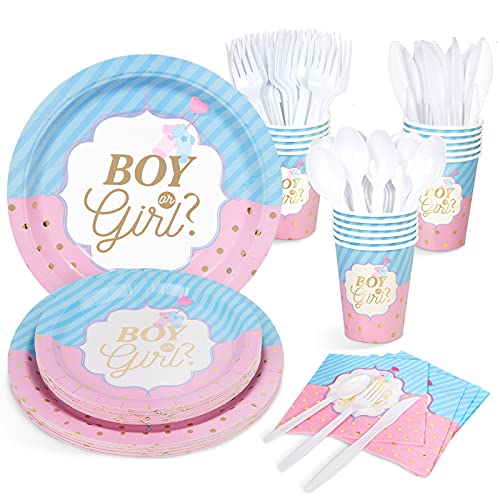 DECORLIFE Gender Reveal Plates and Napkins Serves 16, Gender Reveal Party Supplies Includes Boy or Girl Plates, Knives, Forks, Spoons, Total 112PCS