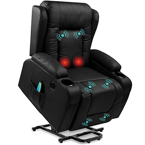 Best Choice Products PU Leather Electric Power Lift Chair, Recliner Massage Chair, Adjustable Furniture for Back, Legs w_ 3 Positions, USB Port, Heat, Cupholders, Easy-to-Reach Side Button - Black