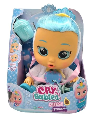 Cry Babies Kiss Me Sydney- 12" Baby Doll Amazon Exclusive | Deluxe Blushing Cheeks Feature | Shimmery Changeable Outfit with Bonus Baby Bottle, for Girls and Kids 18M and up