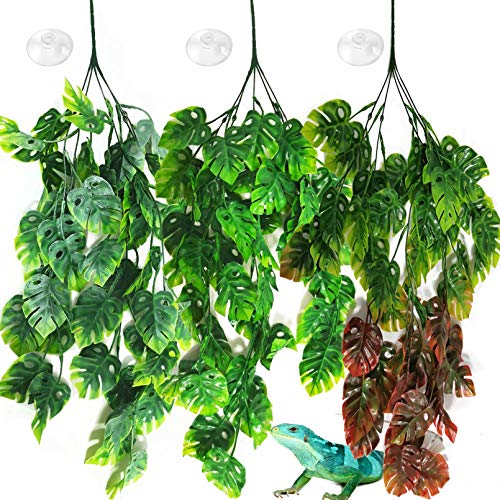 PINVNBY Reptile Plants Hanging Terrarium Plastic Fake Vines Lizards Climbing Decor Tank Habitat Decorations with Suction Cup for Bearded Dragons Geckos Snake Hermit Crab 3PCS (Style 1)