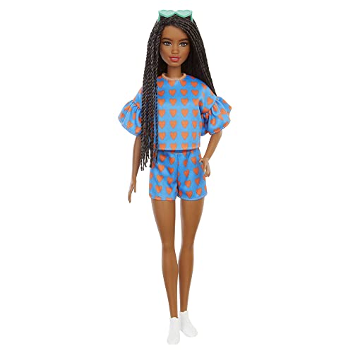 Barbie Fashionistas Doll with Long Braided Black Hair, Heart Print Top with Ruffled Sleeves & Shorts, Sneakers & Heart-shaped Sunglasses, Toy for Kids 3 to 8 Years Old