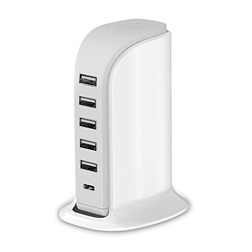 Charging Station for Multiple Devices 40W Upoy, Wall Charger Block 5 USB Ports(Shared 6A), USB Charging Hub Smart IC, Charger Tower with Type-C 3A for iPhone iPad Tablets Smartphones, Home Office Use