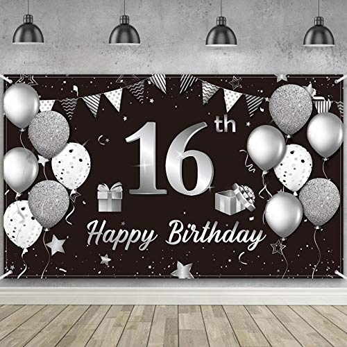 Happy 16th Birthday Backdrop Banner Extra Large Fabric Black Silver 16th Birthday Sign Poster Photography Background Backdrop Banner for Sweet 16th Birthday Anniversary Party Decor, 72.8 x 43.3 Inch