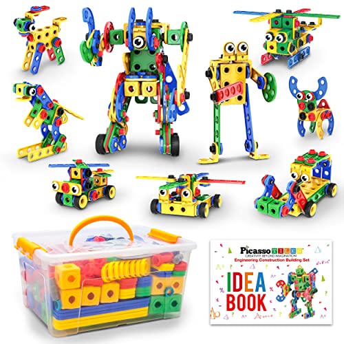 PicassoTiles STEM Learning Toys 201 Piece Building Block Kids Construction Engineering Kit Toy Blocks Children Early Education Playset w_Free IdeaBook, Power Drill, Clickable Ratchet, Age 3+ PTN201