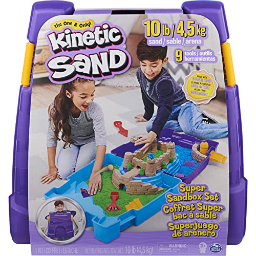 Kinetic Sand, Super Sandbox Set with 10lbs of Kinetic Sand, Portable Sandbox w_ 10 Molds and Tools, Play Sand Sensory Toys for Kids Aged 3 and Up