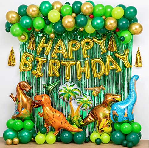 LFVIK Dinosaur Birthday Party Decorations&Balloons Arch Garland Kit(Gold,Green),Dinosaurs Balloons,HAPPY BIRTHDAY Balloons,Curtains,for Dino Themed Kid