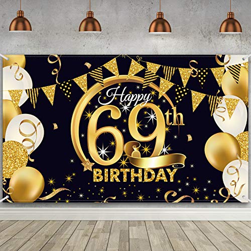 69th Birthday Party Decoration, Extra Large Fabric Black Gold Sign Poster for 69th Anniversary Photo Booth Backdrop Background Banner, 69th Birthday Party Supplies, 72.8 x 43.3 Inch