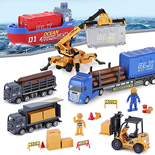 iPlay, iLearn Cargo Truck Toys for 4-5 Year Old Kids, Container Ship Crane Trailer, Transport Logging Trucks, Construction Vehicles Playset W_Forklift Boat, Birthday Gifts for 3 6 7 Boy Toddler Child