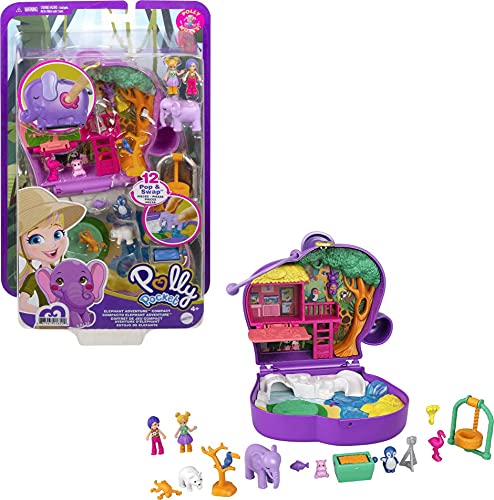 Polly Pocket Compact Playset, Elephant Adventure with 2 Micro Dolls & Accessories, Travel Toys with Surprise Reveals