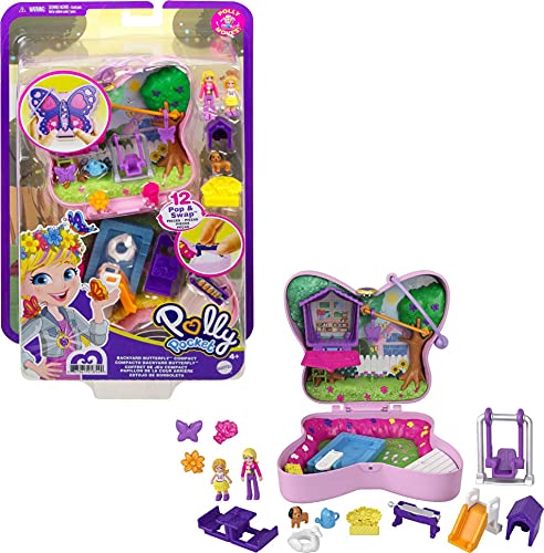 Polly Pocket Compact Playset, Backyard Butterfly with 2 Micro Dolls & Accessories, Travel Toys with Surprise Reveals