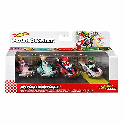 Hot Wheels Mario Kart Vehicle 4-Pack, Set of 4 Fan-Favorite Characters Includes 1 Exclusive Model, Collectible Gift for Kids & Fans Ages 3 Years Old & Up