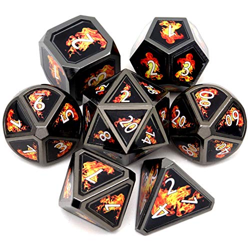 Haxtec Fire Bolt Real Scene Metal DND Dice Set Black Polyhedral Metal Dice for D&D Dungeons and Dragons Gifts TTRPG Games-Dark Fire