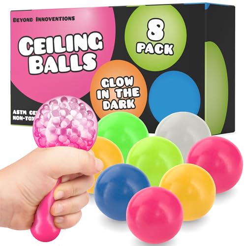 Sticky Stress Balls - Fidget Pack of 8 - Squishy Glow in The Dark Ball Stress - Sticks to Ceiling and Wall - Stress Relief Gifts, Party Supplies, Anxiety Relief Items for Adults