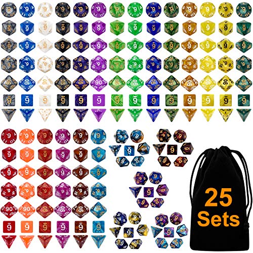 DND Double-Colors Polyhedron Dice Set for Dungeons and Dragons D&D RPG MTG Table Games D4 D6 D8 D10 Dzz D12 D20 25 Colors Dice with 1 Large Flannel Bag, 25 x 7 (175 Pieces)