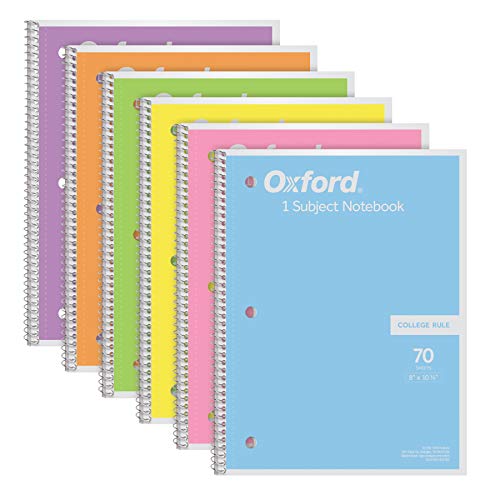 Oxford Spiral Notebook, 1 Subject, College Ruled Paper, 8 x 10-1_2 Inch, Pastel Pink, Orange, Yellow, Green, Blue and Purple, 70 Sheets (63756), Set of 6