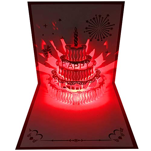 Akeydeco 3D Pop Up Birthday Cards,Red LED Light Birthday Cake Music Happy Birthday Card Postcards Pop Up Greeting Cards Laser Cut Happy Birthday Cards Best for Mom,Wife,Sister, Boy,Girl,Friends 1 Pack