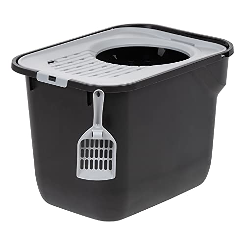 IRIS USA Rectangular Top Entry Cat Litter Box with Scoop, Large Cat Litter Box Enclosure, Kitty Litter Box, Black_Gray