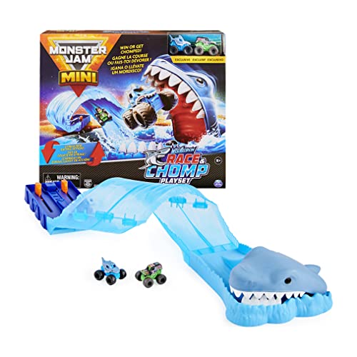 Monster Jam, Mini Megalodon Race and Chomp Playset with 2 Monster Jam Mini Trucks, 1:87 Scale, Kids Toys for Boys and Girls Ages 4-6+