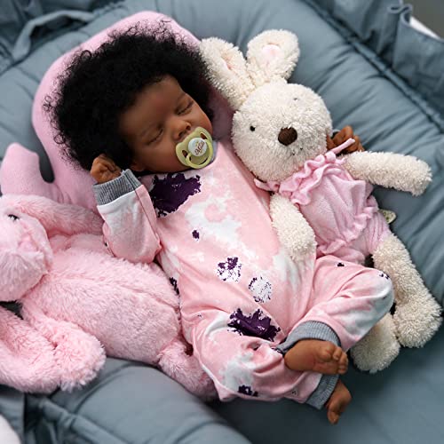 JIZHI Lifelike Reborn Baby Dolls Black -17Inch Baby-Soft Body & Curls Realistic-Newborn Baby Dolls African American Real Life Baby Dolls Cloth Body with Feeding Kit & Gift Box for Kids Age 3+