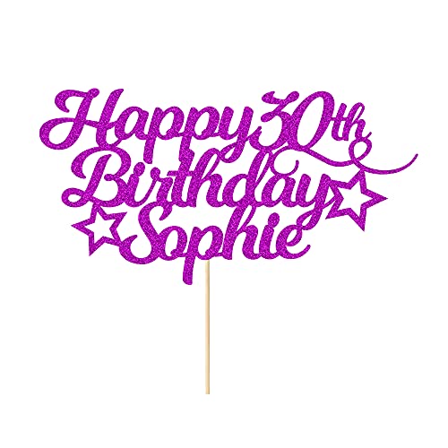 Personalized Happy Birthday Cake Topper Customized with Any Age Name Party Cake Decoration 16 18 21 40 60 Double Sided Glitter Card Purple