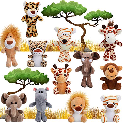 12-Piece Mini Stuffed Jungle Animals Set, 4.8" Cute Plush Elephant, Lion, Giraffe, Tiger for Themed Parties & Awards