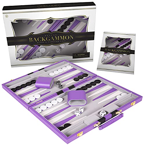 Crazy Games Backgammon Set - 11 inches Classic Board Game for Adults and Kids with Premium Leather Case - with Strategy & Tip Guide (Purple, Small)