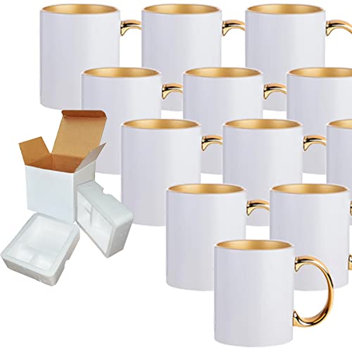 TWISTED ENVY Pack of 12 11 oz. GOLD Inner and Handle - Ceramic Sublimation Mugs - Professional Grade Sublimation Mug- Sublimation Series - Cardboard Box with Foam Supports