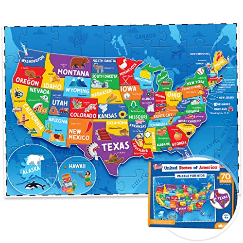 Momo & Nashi United States Puzzle for Kids - 70 Piece - USA Map Puzzle 50 States with Capitals - Childrens Jigsaw Geography Puzzles Ages 4-8, 5-7, 4-6 - Learning & Educational Toys Gifts