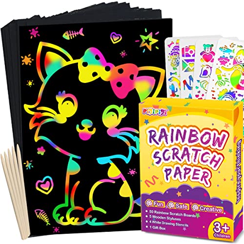 pigipigi Scratch Paper Art for Kids - 60 Pcs Rainbow Magic Scratch Off Art Crafts Set Supply Drawing Note Kit for Girls Boys Toddler Party Favor Activity Game Birthday Christmas Easter Toy Gift