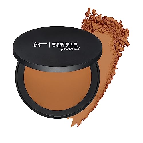 IT Cosmetics Bye Bye Pores Pressed Finishing Powder - Universal Rich_Tan Shade - Contains Anti-Aging Peptides, Hydrolyzed Collagen & Antioxidants - 0.31 oz