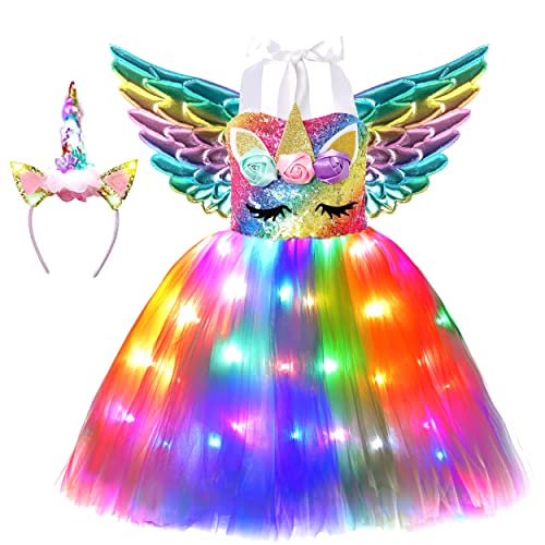 Soyoekbt Girls Unicorn Costume LED Light Up Unicorn Princess Dress Birthday Party Outfit Halloween Tutu Dress with Headband Rainbow Sequin+Rainbow Led 3-4Years