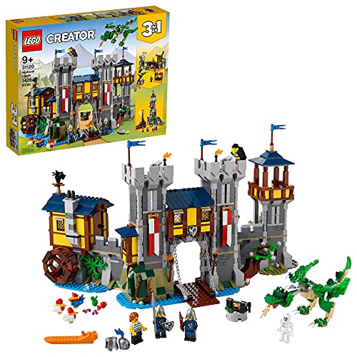 LEGO Creator 3in1 Medieval Castle Toy to Tower or Marketplace 31120, with Skeleton, Dragon Figure, 3 Minifigures and Catapult