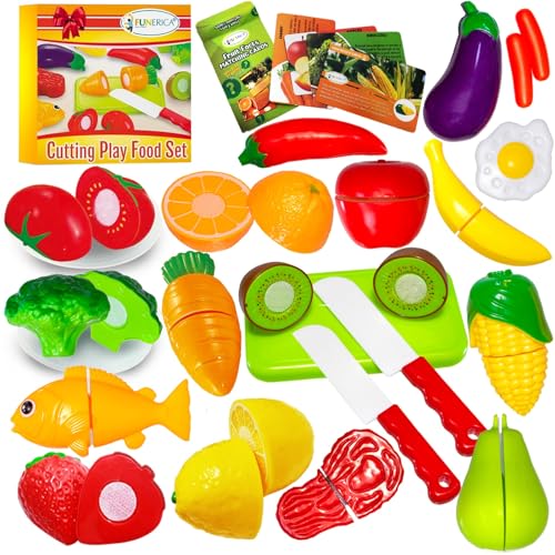 FUNERICA 37 PCS Cutting Play Pretend Food for Kids, Cuttable Fruits and Vegetables Kitchen Toy Accessories Set with Knives, Cutting Board, Plates, Educational Gift for Toddlers, Kids, Boys, Girls