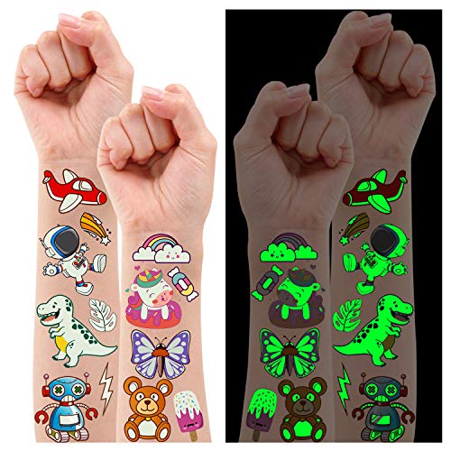 Partywind 380 Styles (30 Sheets) Luminous Tattoos for Kids, Mixed Styles Temporary Tattoos Stickers with Unicorn_Mermaid_Dinosaur_Outer Space_Pirate for Boys and Girls, Glow Party Supplies Gifts