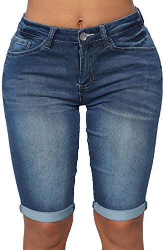 roswear Womens Mid Rise Roll Cuff Bermuda Stretch Denim Jean Shorts Blue X-Large