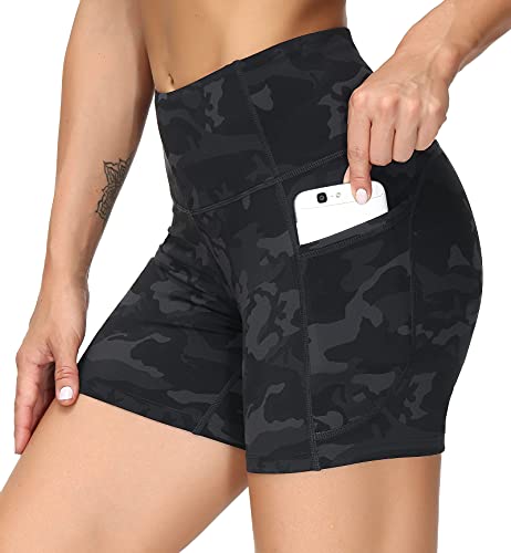 THE GYM PEOPLE High Waist Yoga Shorts for Women Tummy Control Fitness Athletic Workout Running Shorts with Deep Pockets (Medium, Black Camo)