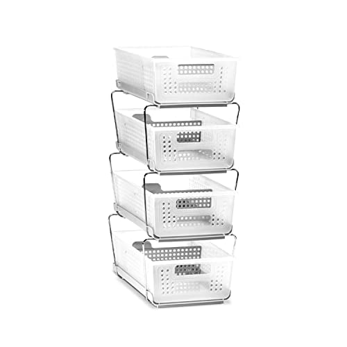 madesmart Stackable 2-Tier Organizer, Multi-Purpose Slide-Out Storage with Extra Set of Legs, Handles and Dividers for Home and Bath, BPA Free, Frost