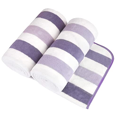 JML Microfiber Bath Towels, Bath Towel 2 Pack(30" x 60"), Oversized, Soft, Super Absortbent and Fast Drying, Multipurpose Use for Sports, Fitness, Yoga, Coral Fleece Stripe Purple