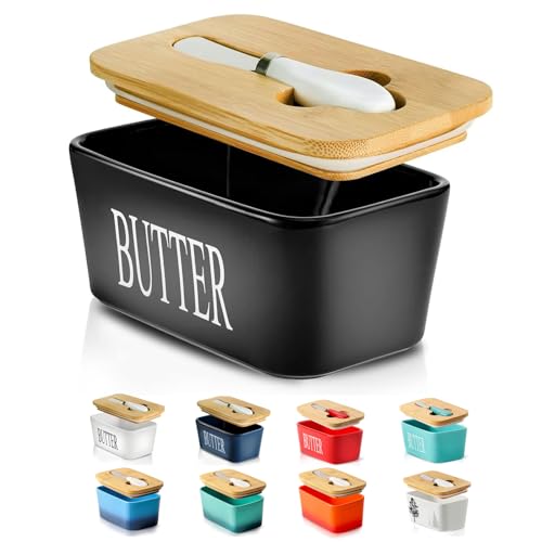 Hasense Butter Dish with Lid, Ceramic Butter Dish with Knife for Countertop, Airtight Covered Butter Keeper Container, Large Black Butter Holder for Refrigerator, Farmhouse Kitchen Decor Gift