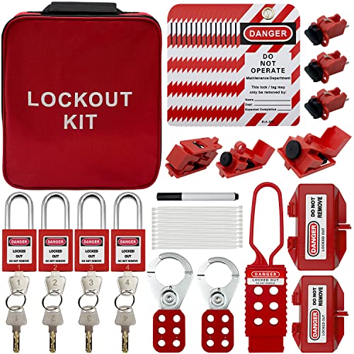 Lockout Tagout Kit Electrical Loto - Clamp-On Circuit Breaker Lockout, Group Lockout Hasps, Lockout Tag, Universal Multi- Pole Breaker with Pocket Bag (Bigger Red Kit)