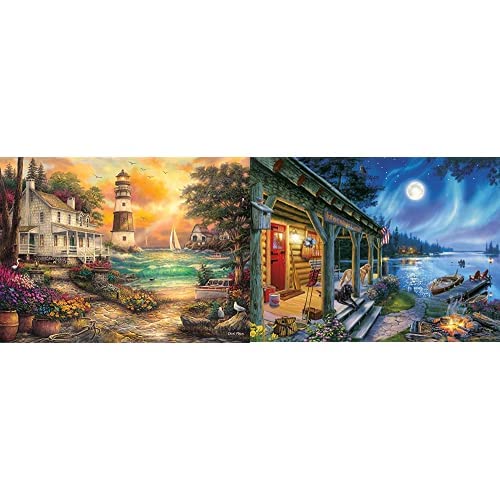 Buffalo Games - Chuck Pinson - Cottage by The Sea - 1000 Piece Jigsaw Puzzle & Games - Darrell Bush - Moonlight Lodge - 1000 Piece Jigsaw Puzzle