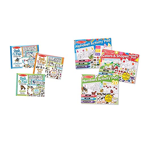 Melissa & Doug Seek & Find Sticker Pad 3-Pack: Around Town, Adventure, Animals & Sticker and Coloring Activity Pad 3-Pack – Alphabet, Numbers, Colors and Shapes